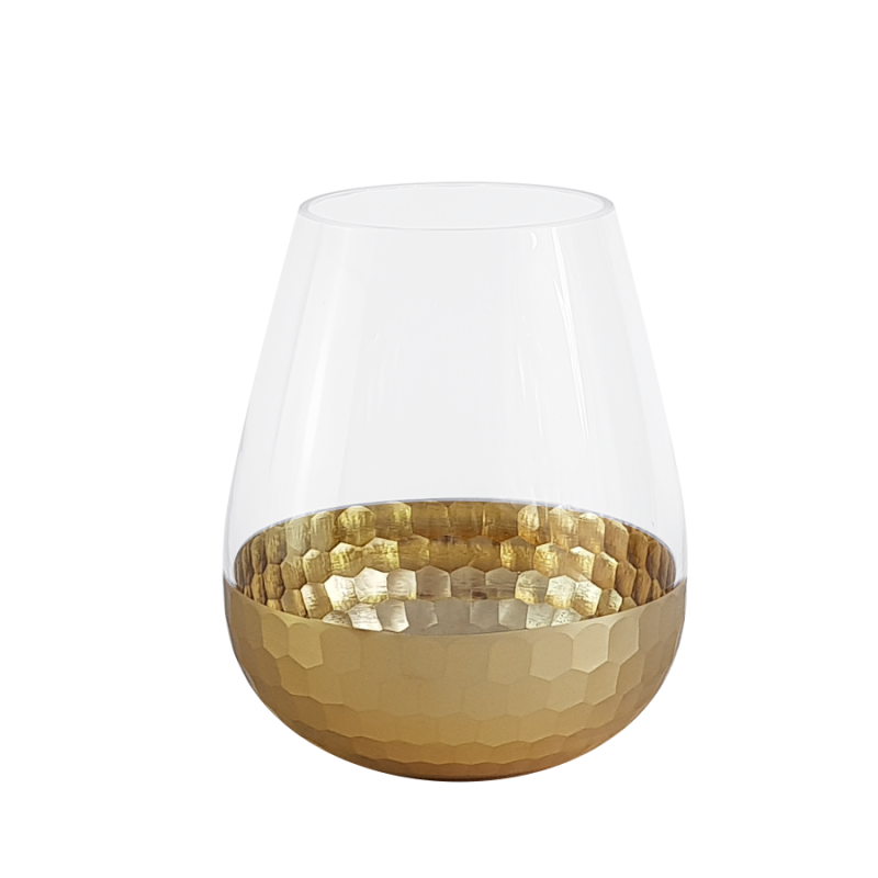 Photophore Goutte en verre avec un design Art Deco d'alvéoles dorées sur la partie basse.