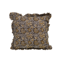 Coussin 50x50 cm - Imprimé Floral Noir Moutarde et Écru à Volant