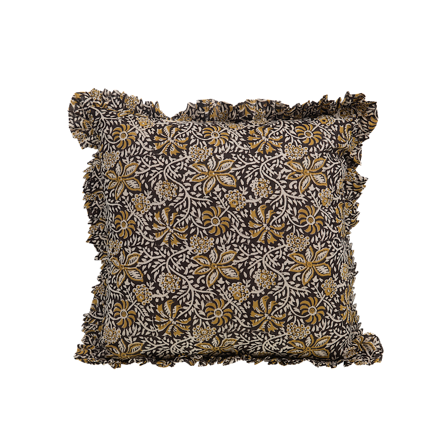 Coussin 50x50 cm - Imprimé Floral Noir Moutarde et Écru à Volant