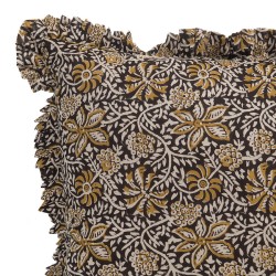 Coussin 50x50 cm - Imprimé Floral Noir Moutarde et Écru à Volant