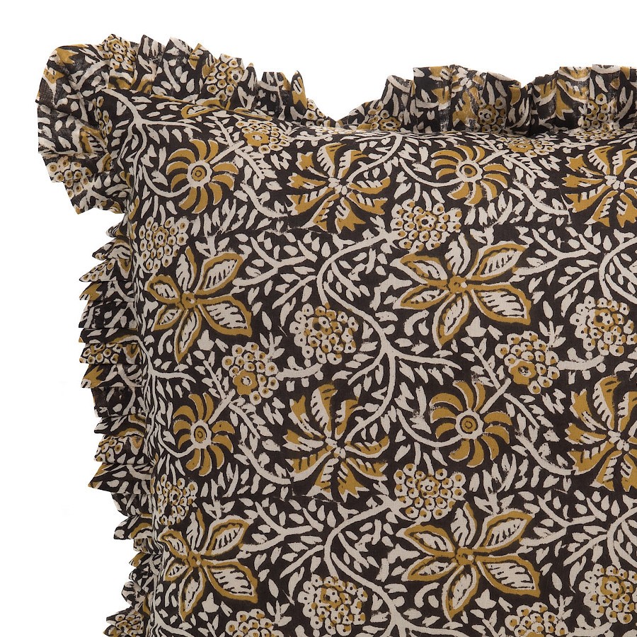 Coussin 50x50 cm - Imprimé Floral Noir Moutarde et Écru à Volant
