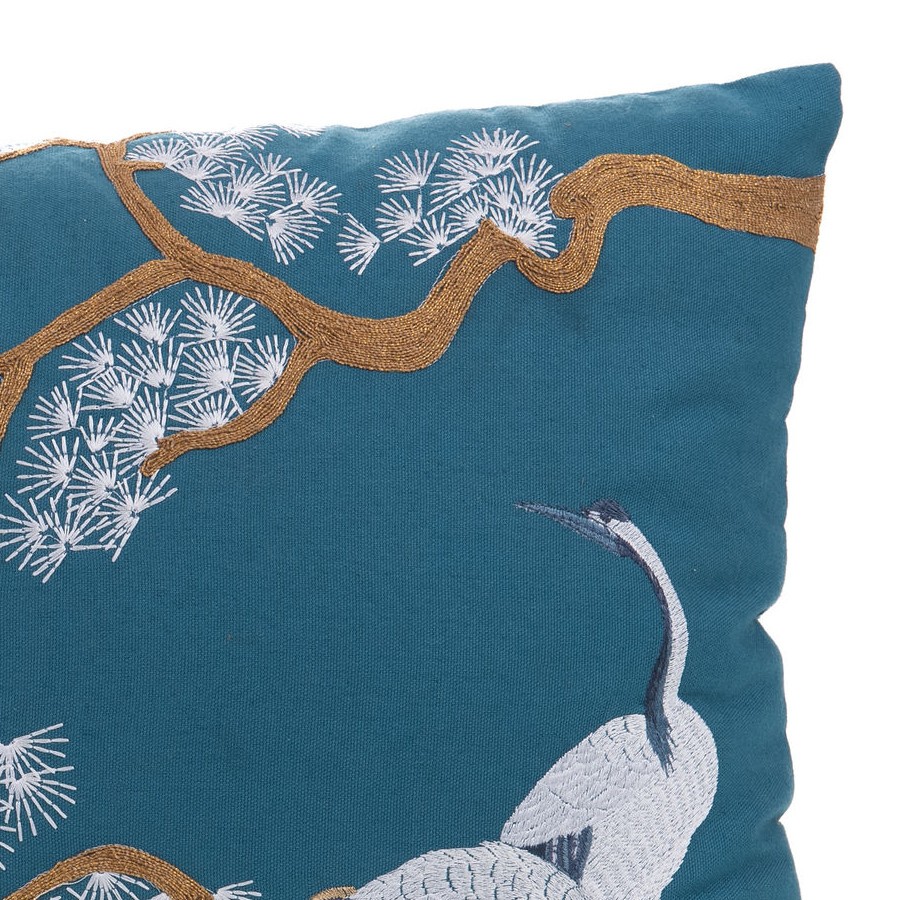 Coussin rectangulaire brodé bleu canard 40x60 cm - Grues & Pins