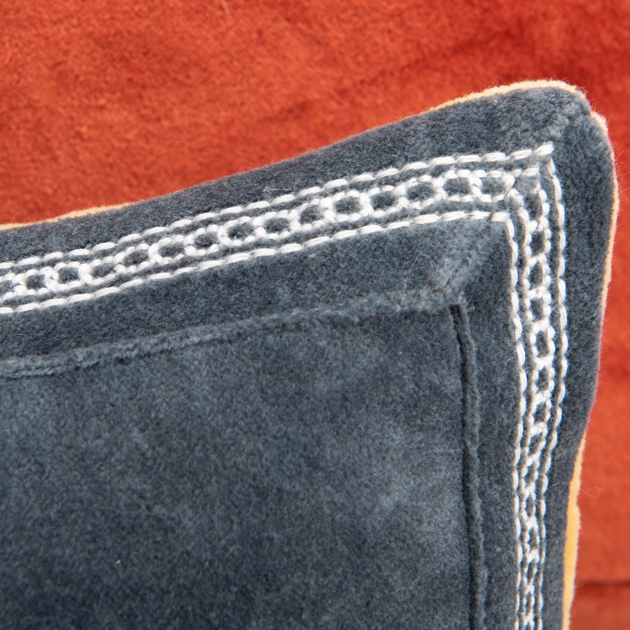 Coussin en velours brodé 40x60 cm - Moutarde et Gris