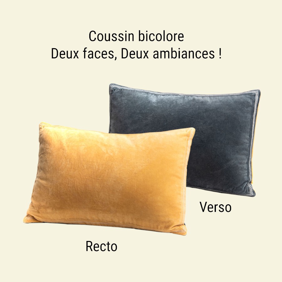Coussin en velours brodé 40x60 cm - Moutarde et Gris