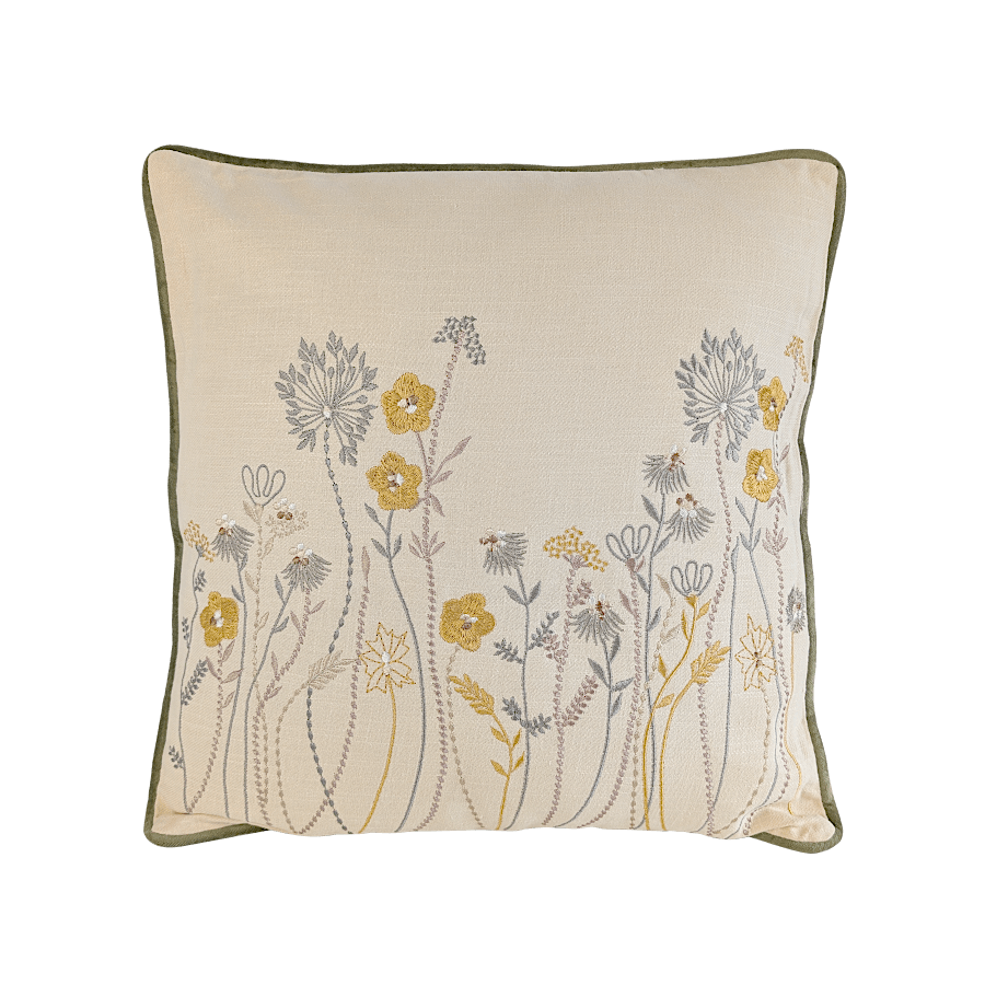 Coussin brodé fleurs des champs en coton – 45×45 cm