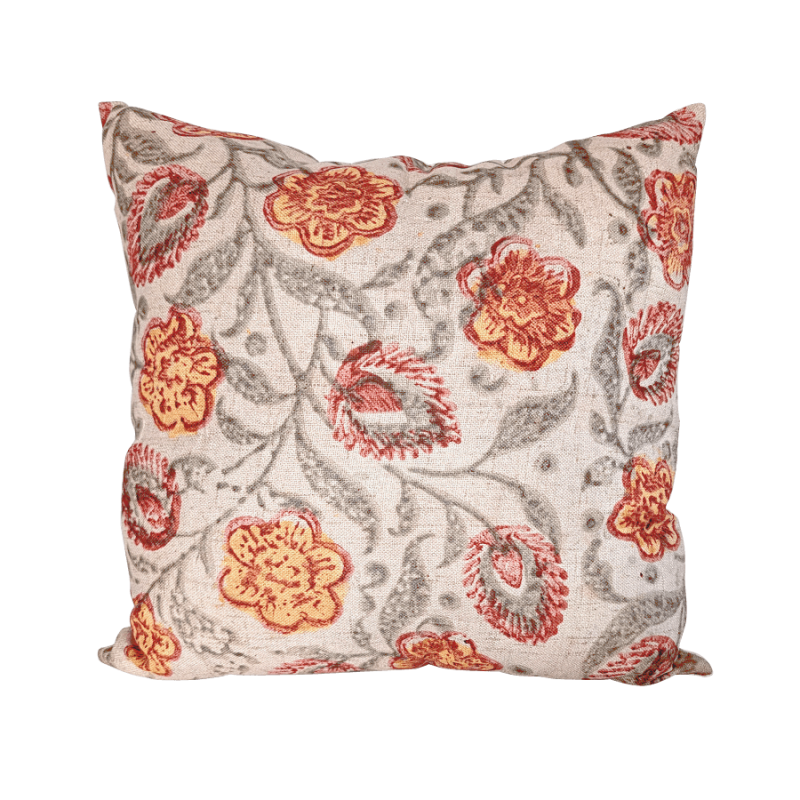 Coussin imprimé fleurs vintage rouge ocre 45×45 cm | Deco-Delight.com