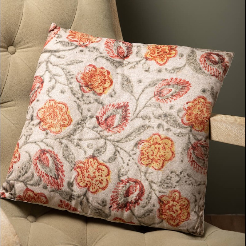 Coussin imprimé fleurs vintage rouge ocre 45×45 cm | Deco-Delight.com