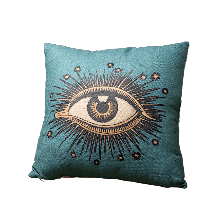 Coussin bleu motif œil protecteur – 45x45 cm | Deco-Delight.com