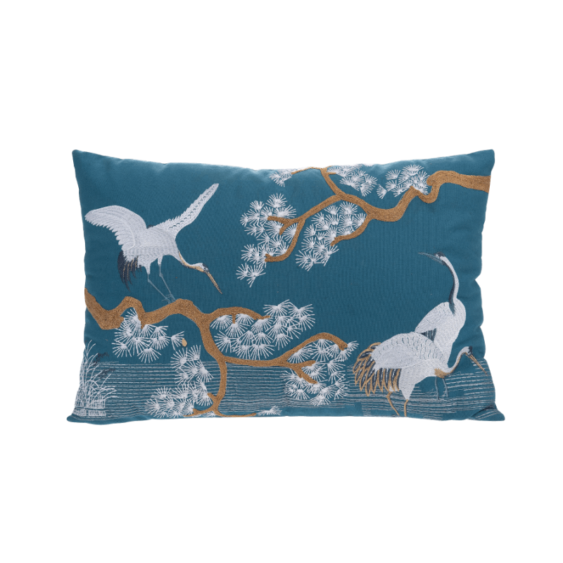 Coussin brodé bleu canard 40x60 cm - Grues & Pins | Deco-Delight.com