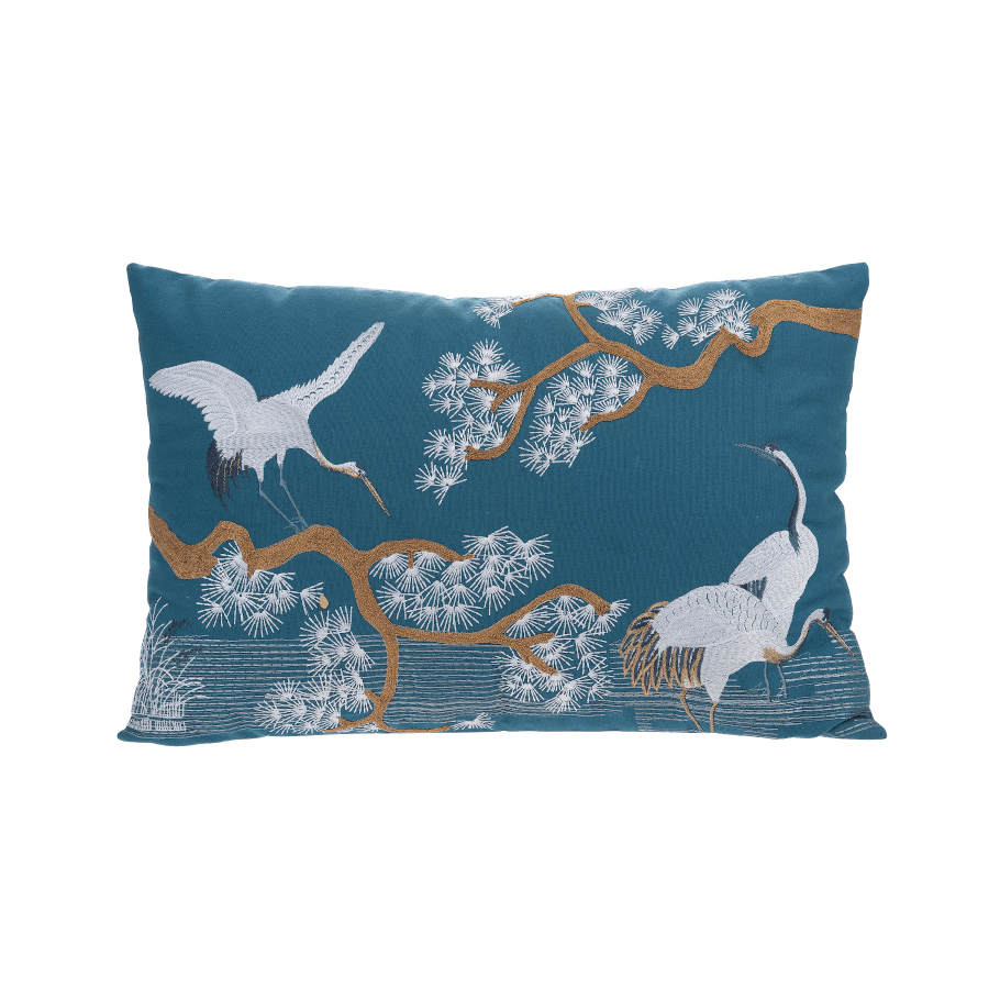 Coussin brodé bleu canard 40x60 cm - Grues & Pins | Deco-Delight.com