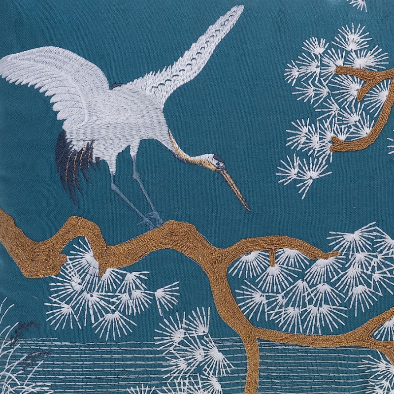 Coussin brodé bleu canard 40x60 cm - Grues & Pins | Deco-Delight.com