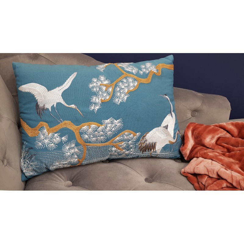 Coussin brodé bleu canard 40x60 cm - Grues & Pins | Deco-Delight.com