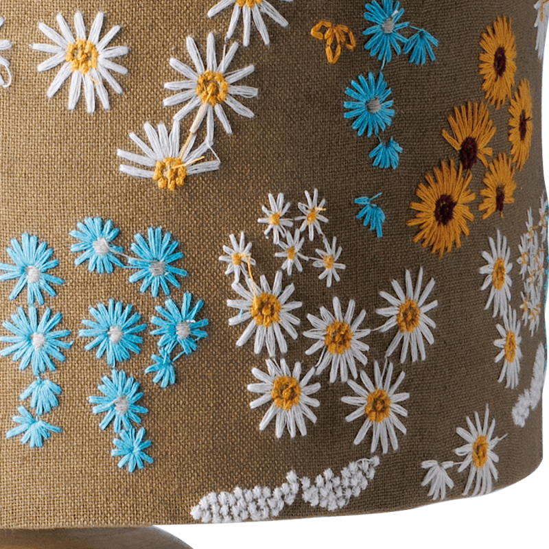 Lampe en manguier et abat-jour brodé fleuri H44 cm