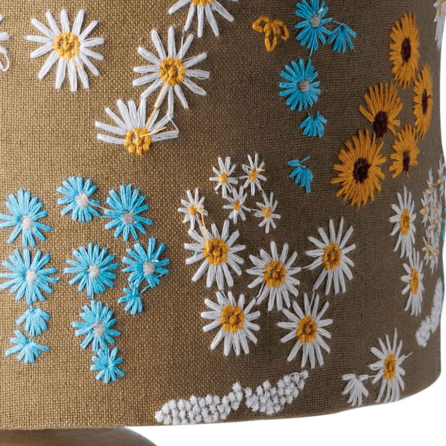 Lampe en manguier et abat-jour brodé fleuri H44 cm