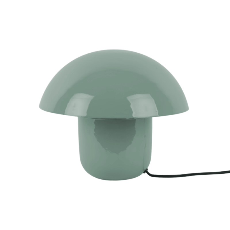 Lampe champignon design en métal émaillé couleur Misty Green, hauteur 25 cm.