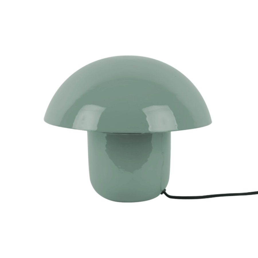 Lampe champignon design en métal émaillé couleur Misty Green, hauteur 25 cm.