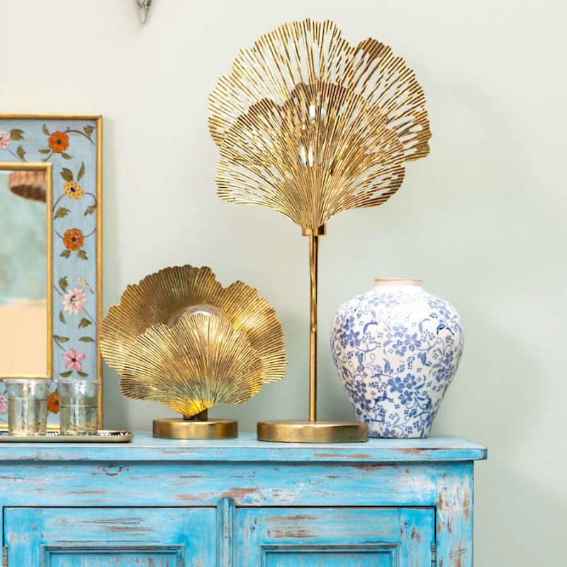 Lampe en métal doré ajouré Feuilles de ginkgo H75cm | Deco-Delight.com