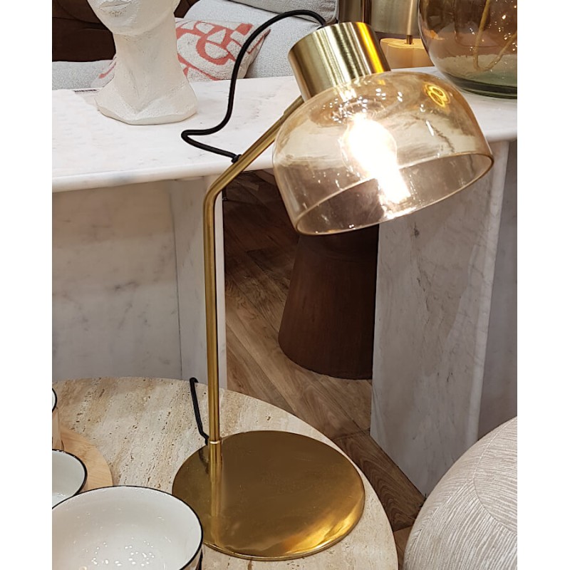 Lampe de bureau métal doré et verre ambré H54 cm