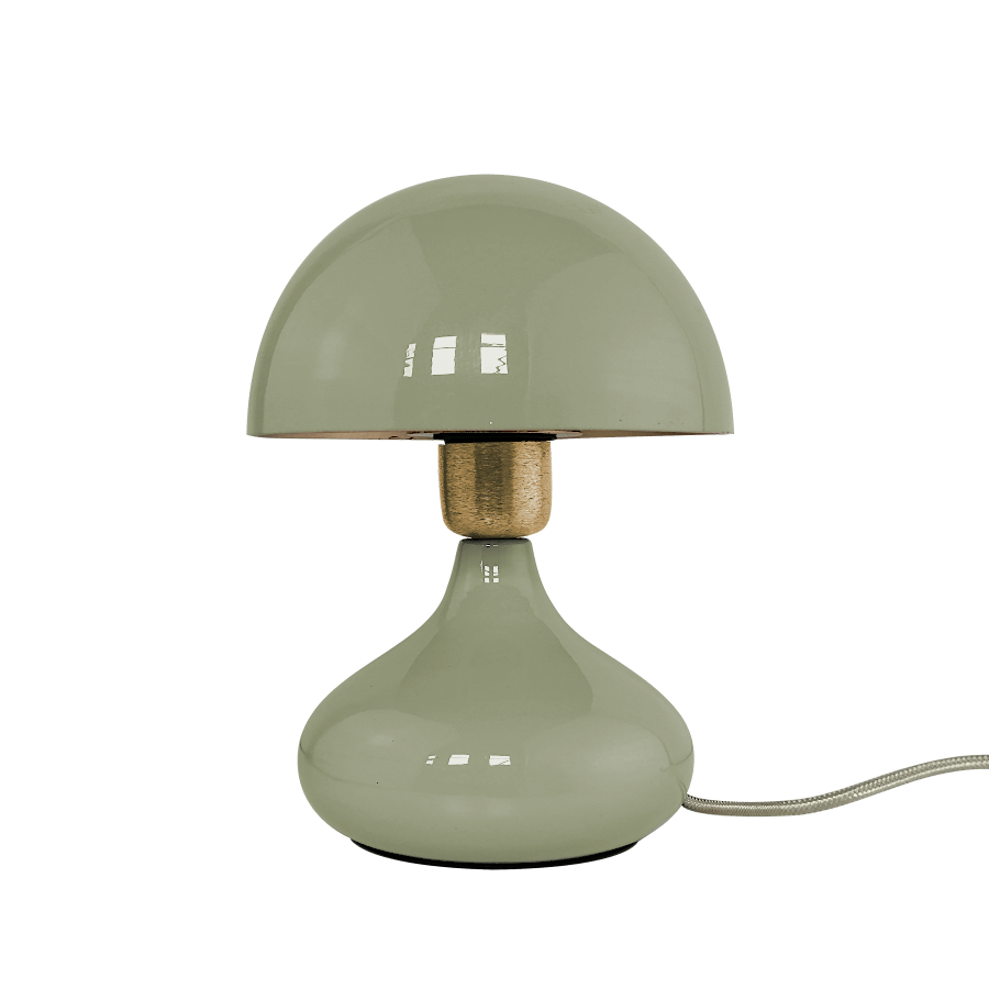 Lampe à poser champignon couleur vert lait d'amande et doré.