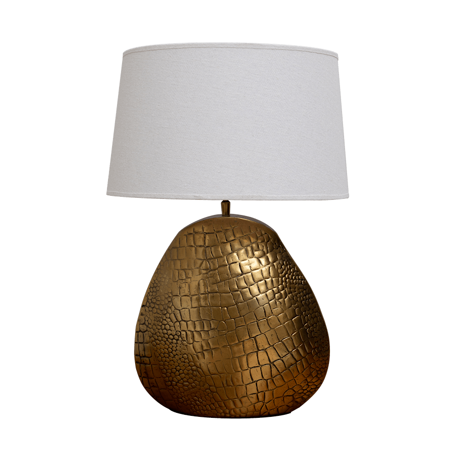 Lampe à poser avec pied effet croco doré et abat-jour en lin beige.