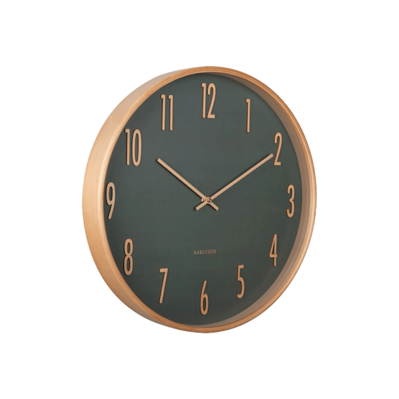 Horloge murale cadran vert forêt et bois naturel D40 cm