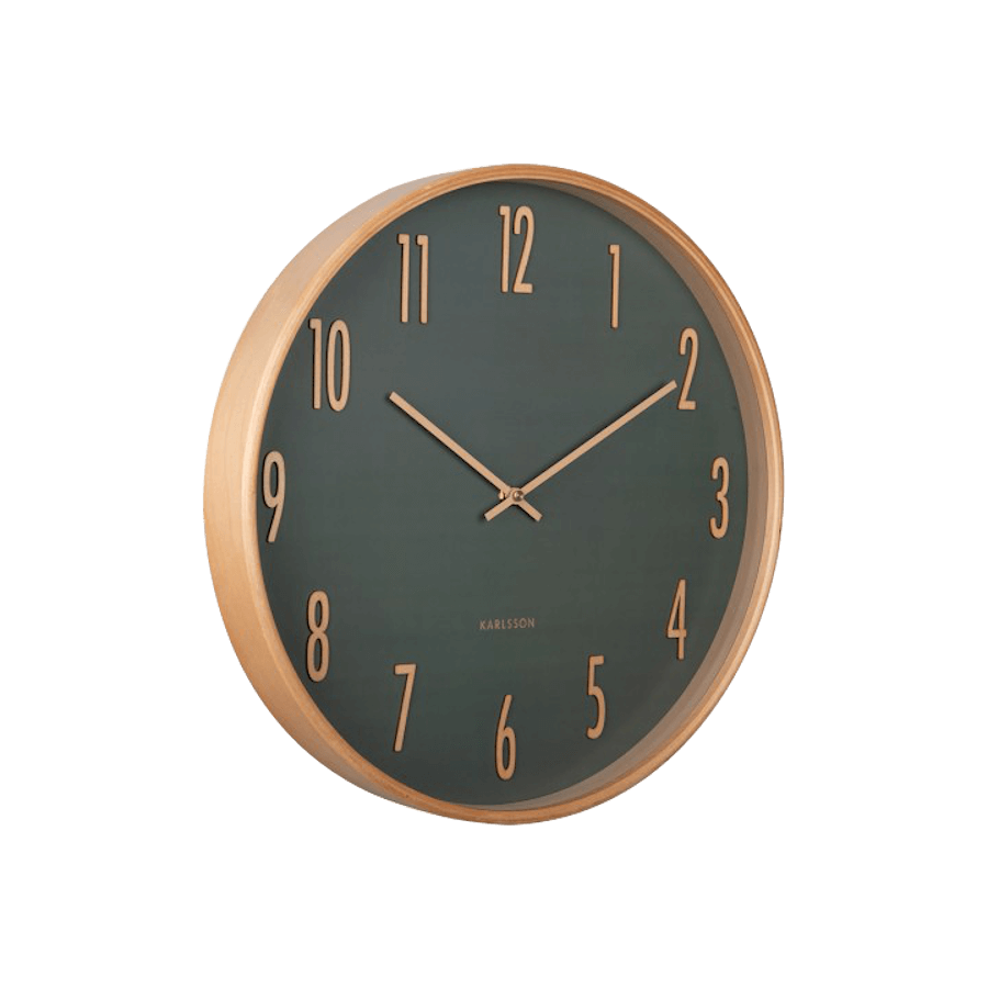 Horloge murale cadran vert forêt et bois naturel D40 cm