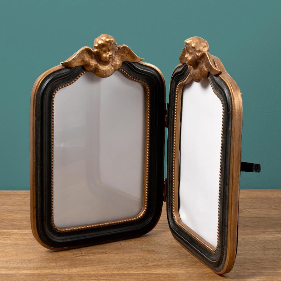 Double porte-photos Anges Baroques en résine noir et or