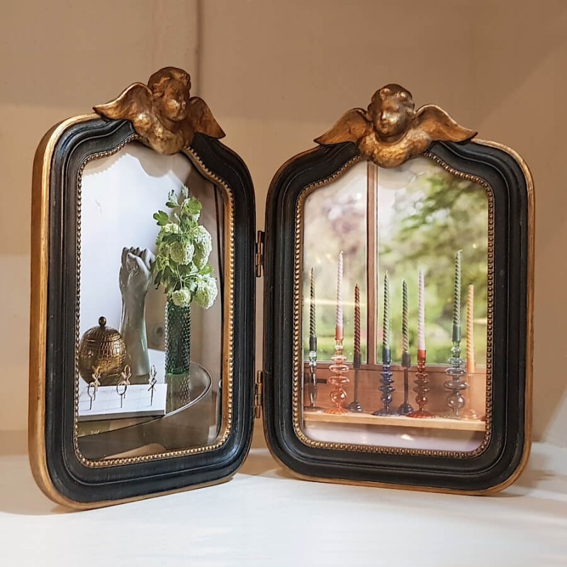 Double porte-photos Anges Baroques en résine noir et or