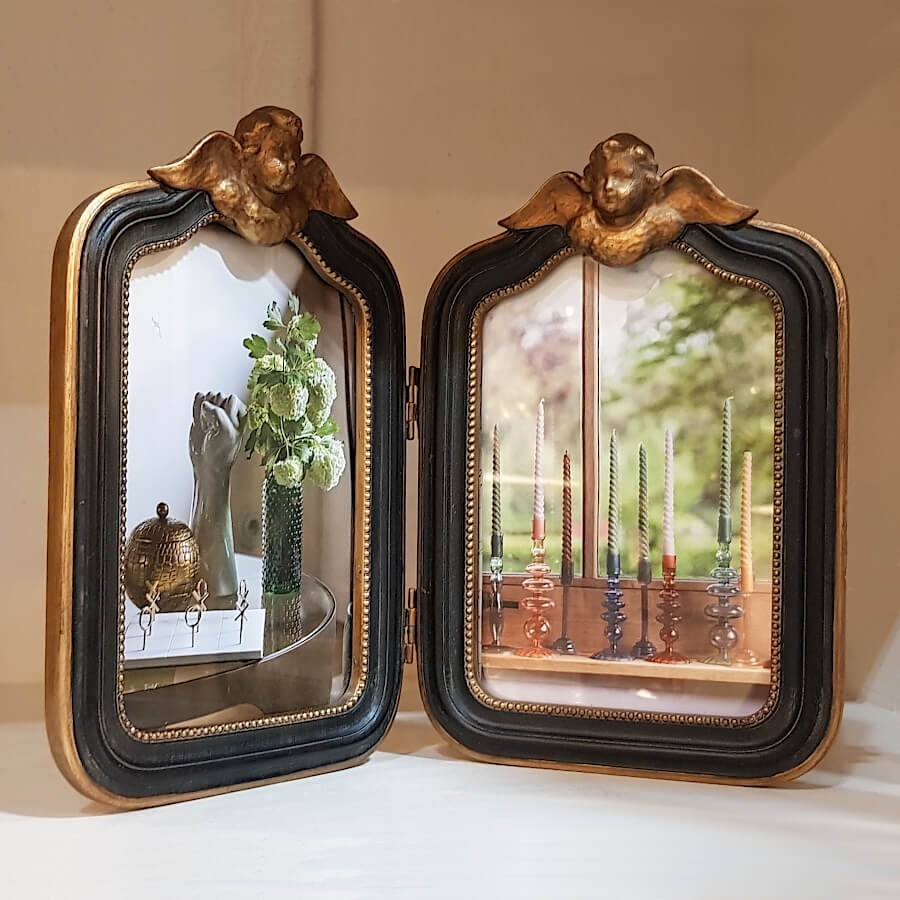 Double porte-photos Anges Baroques en résine noir et or