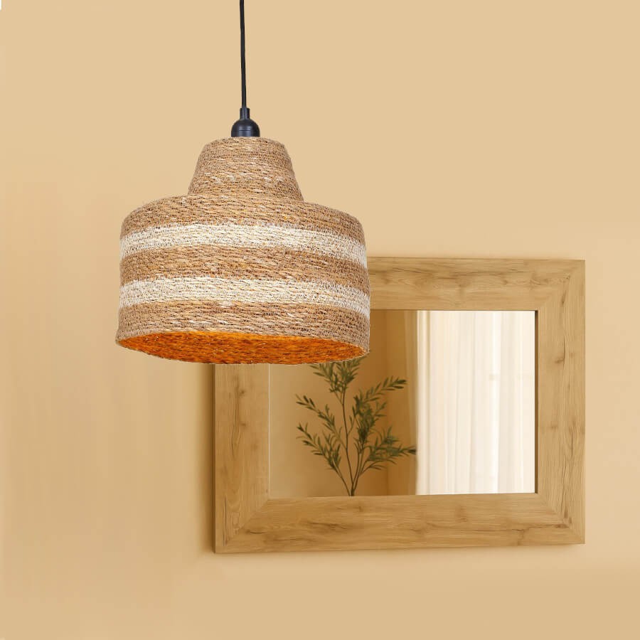 Suspension paille naturelle rayures blanches D30cm | Deco-Delight.com