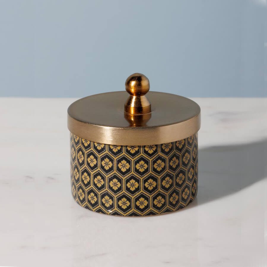 Bougie parfumée dans pot en métal motif Art déco | Deco-Delight.com