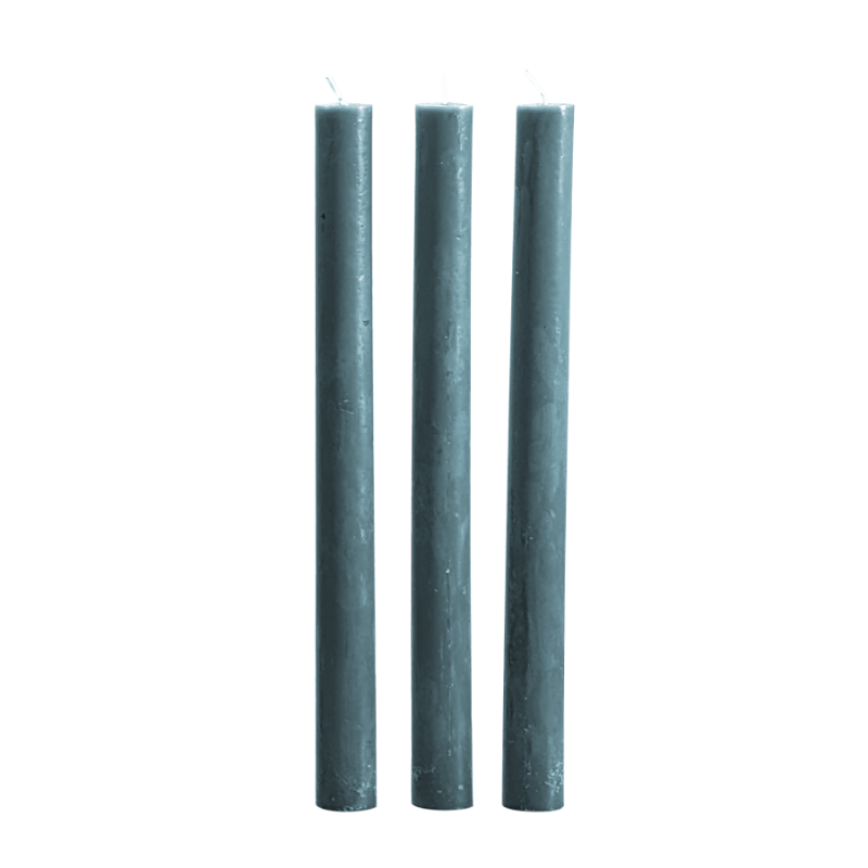 Lot de 3 bougies chandelles couleur Bleu canard pour une table élégante.