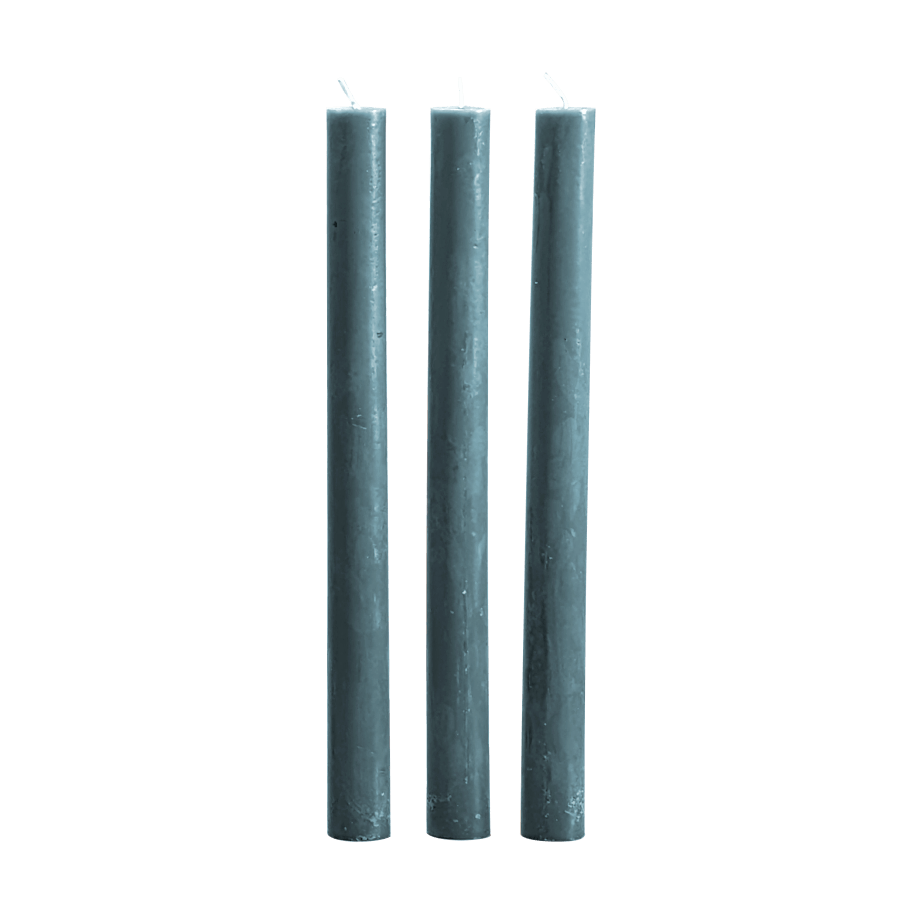 Lot de 3 bougies chandelles couleur Bleu canard pour une table élégante.