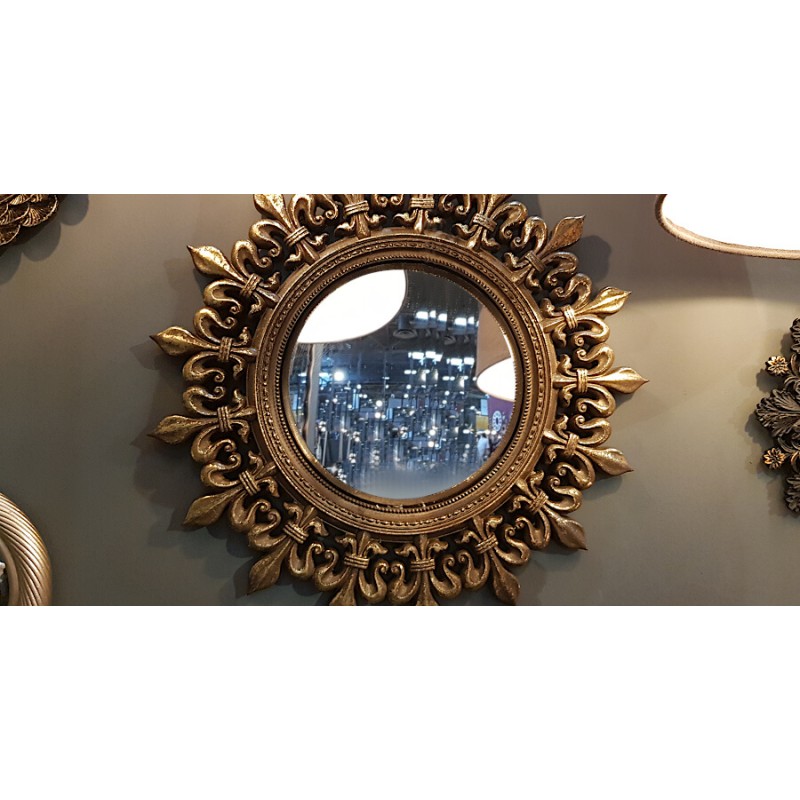 Miroir convexe Soleil en résine dorée patinée D34cm | Deco-Delight.com