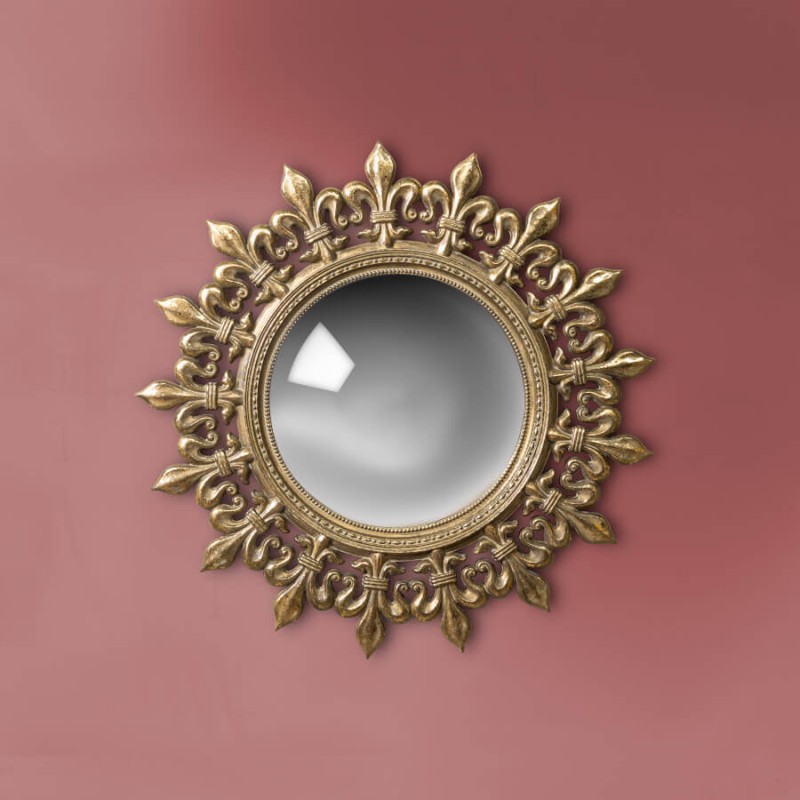 Miroir convexe Soleil en résine dorée patinée D34cm | Deco-Delight.com