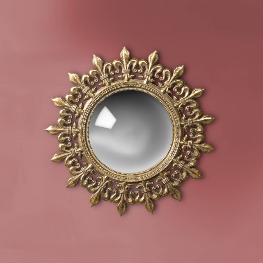 Miroir convexe Soleil en résine dorée patinée D34cm | Deco-Delight.com