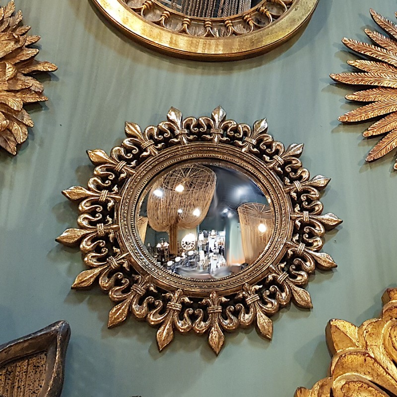 Miroir convexe Soleil en résine dorée patinée D34cm | Deco-Delight.com