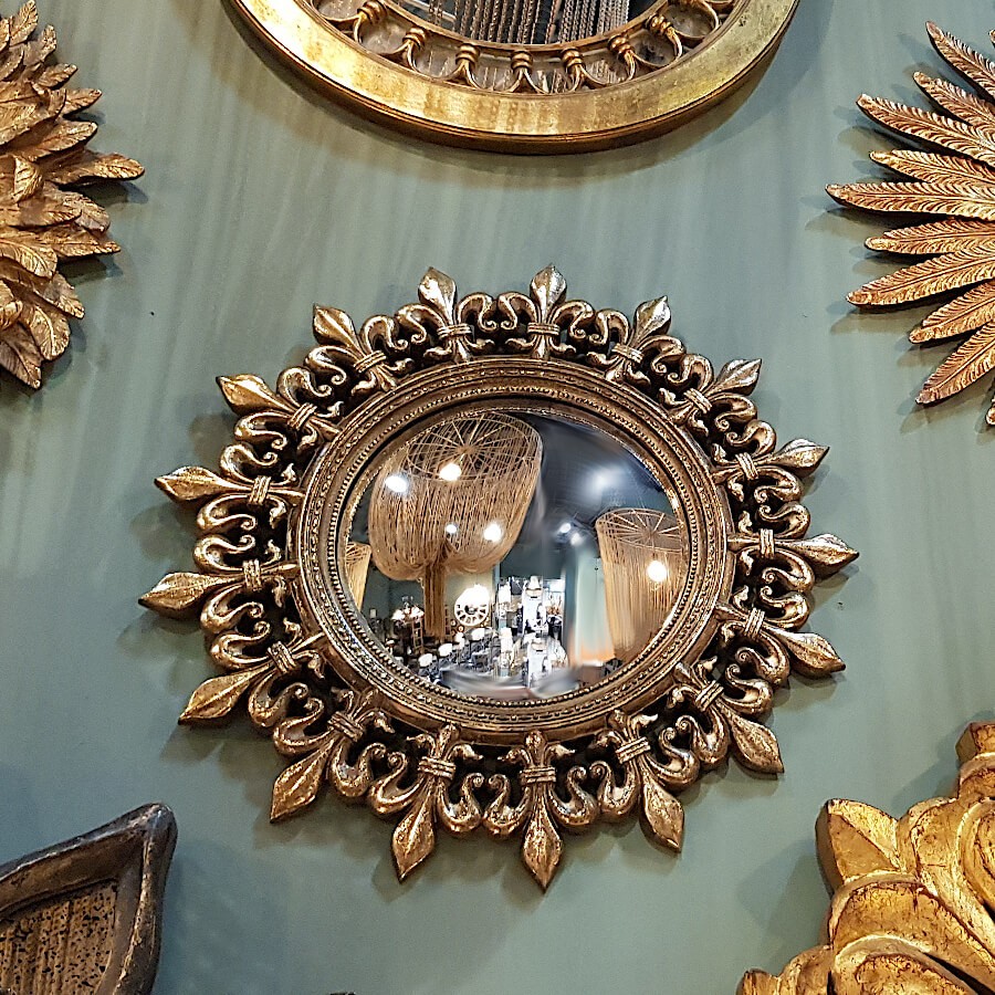 Miroir convexe Soleil en résine dorée patinée D34cm | Deco-Delight.com