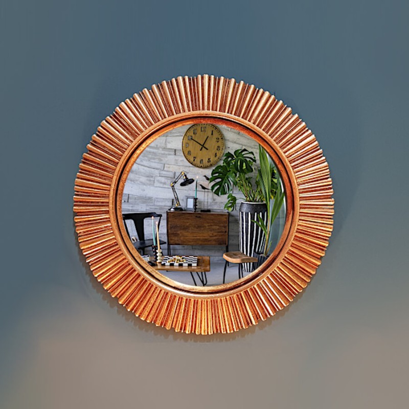 Miroir convexe Soleil Rayonnant résine dorée D25 cm | Deco-Delight.com