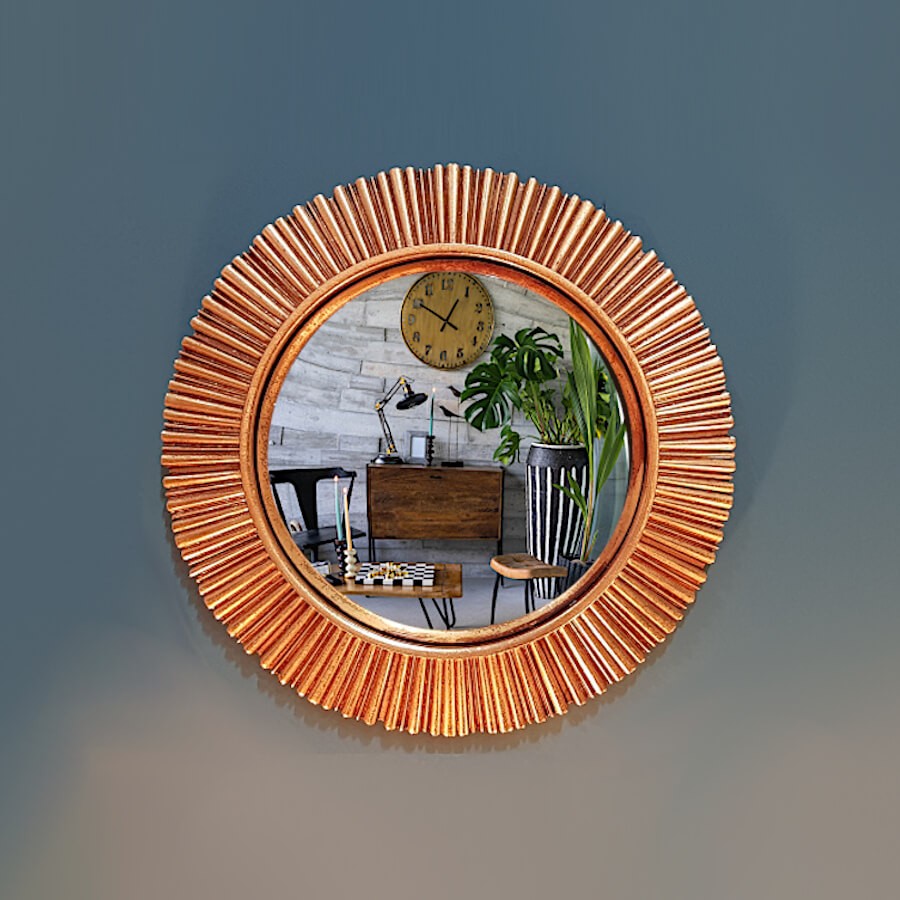 Miroir convexe Soleil Rayonnant résine dorée D25 cm | Deco-Delight.com