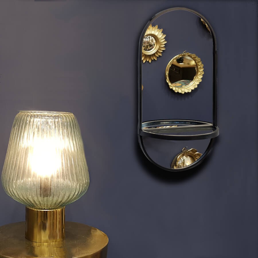 Miroir en métal noir avec tablette - H41 L20 cm | Deco-Delight.com