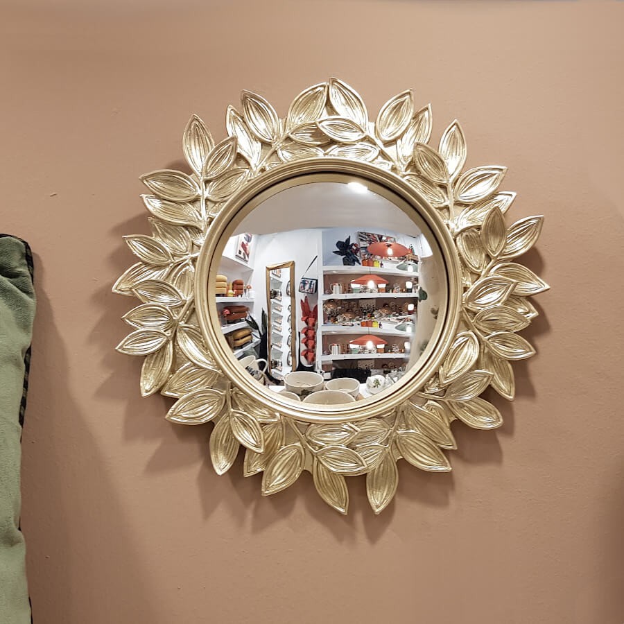 Miroir convexe Feuilles d'or en résine D24,5 cm | Deco-Delight.com