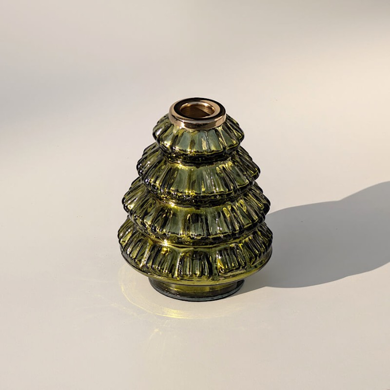 Bougeoir Sapin de Noël verre vert & doré H13 cm | Deco-Delight.com