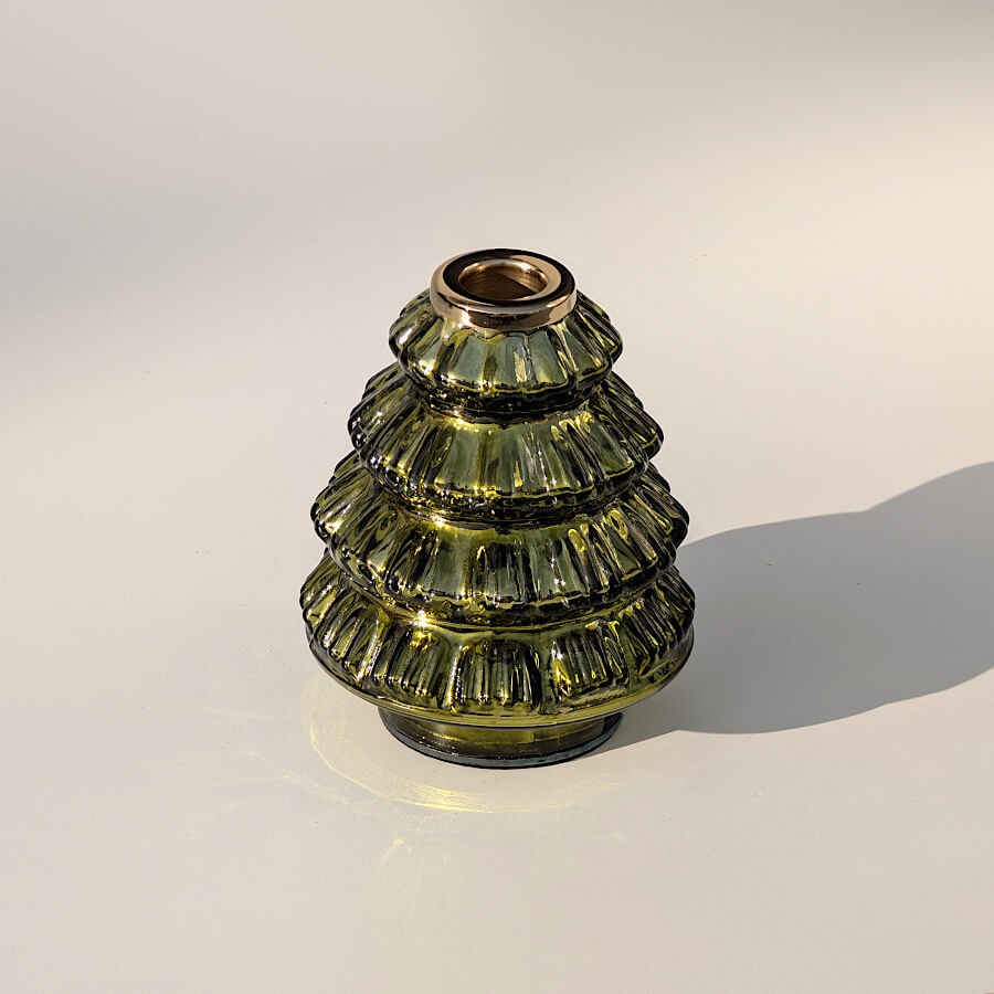 Bougeoir Sapin de Noël verre vert & doré H13 cm | Deco-Delight.com