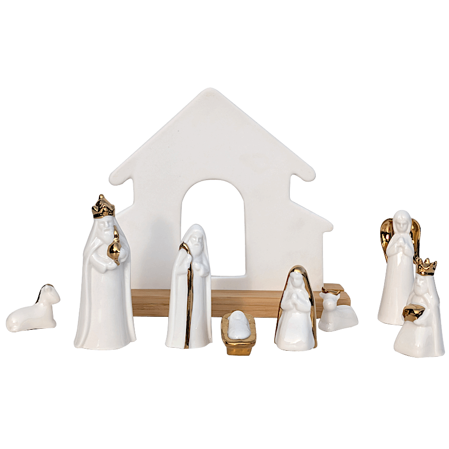 Crèche de Noël en Porcelaine Blanc et Or | Deco-Delight.com