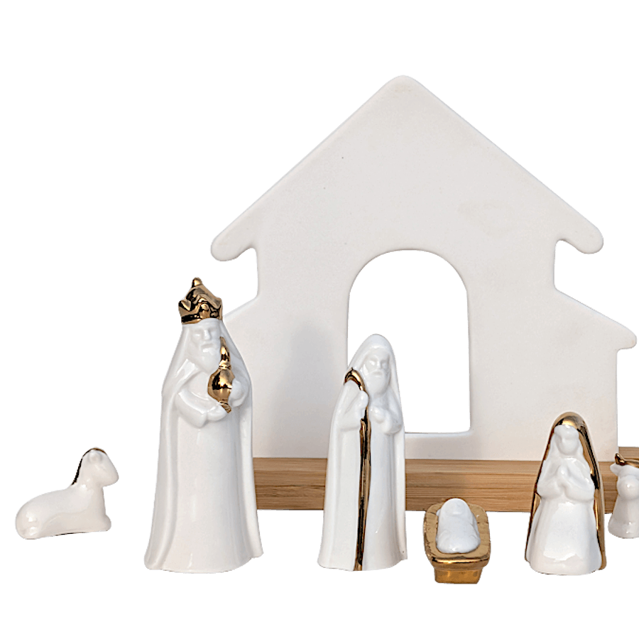 Crèche de Noël en Porcelaine Blanc et Or | Deco-Delight.com