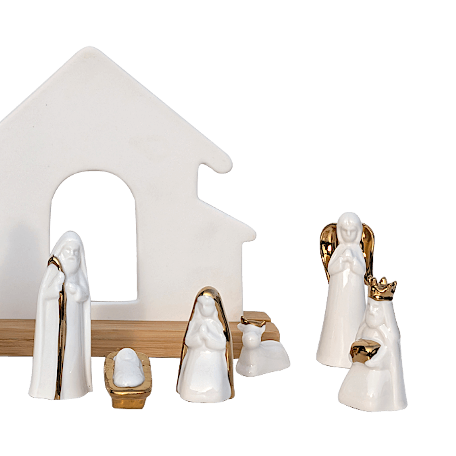 Crèche de Noël en Porcelaine Blanc et Or | Deco-Delight.com