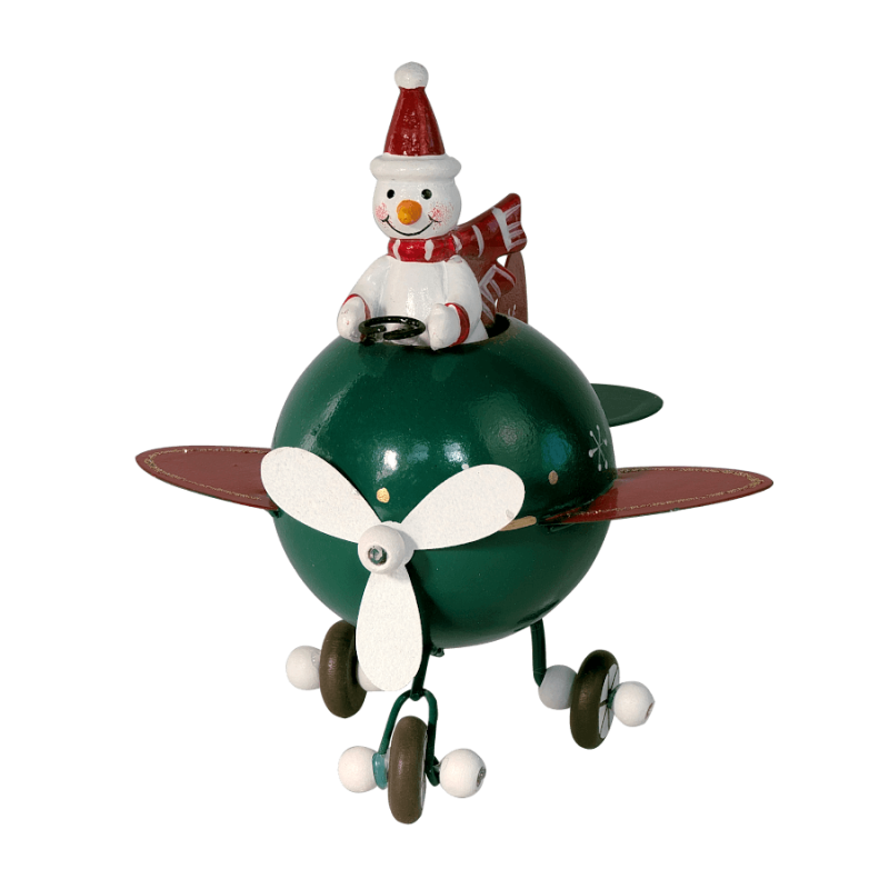 Figurine Avion de Noël vert - Bonhomme de neige | Deco-Delight.com