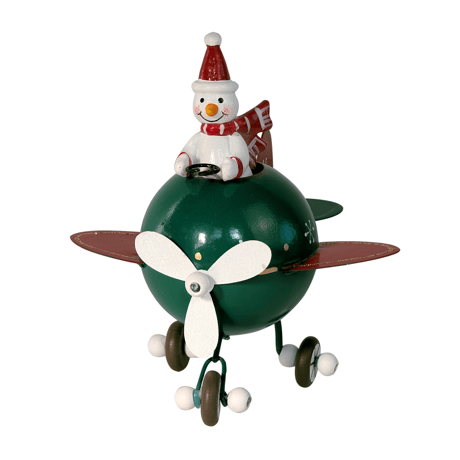 Figurine Avion de Noël vert - Bonhomme de neige | Deco-Delight.com