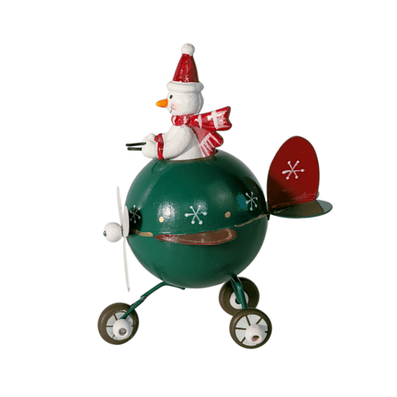 Figurine Avion de Noël vert - Bonhomme de neige | Deco-Delight.com